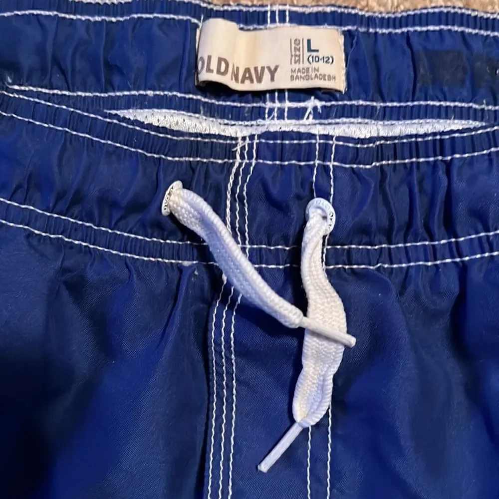 Old Navy Boys Large 10-12 Dark Royal Blue Green White Side Stripe Swim Trunks